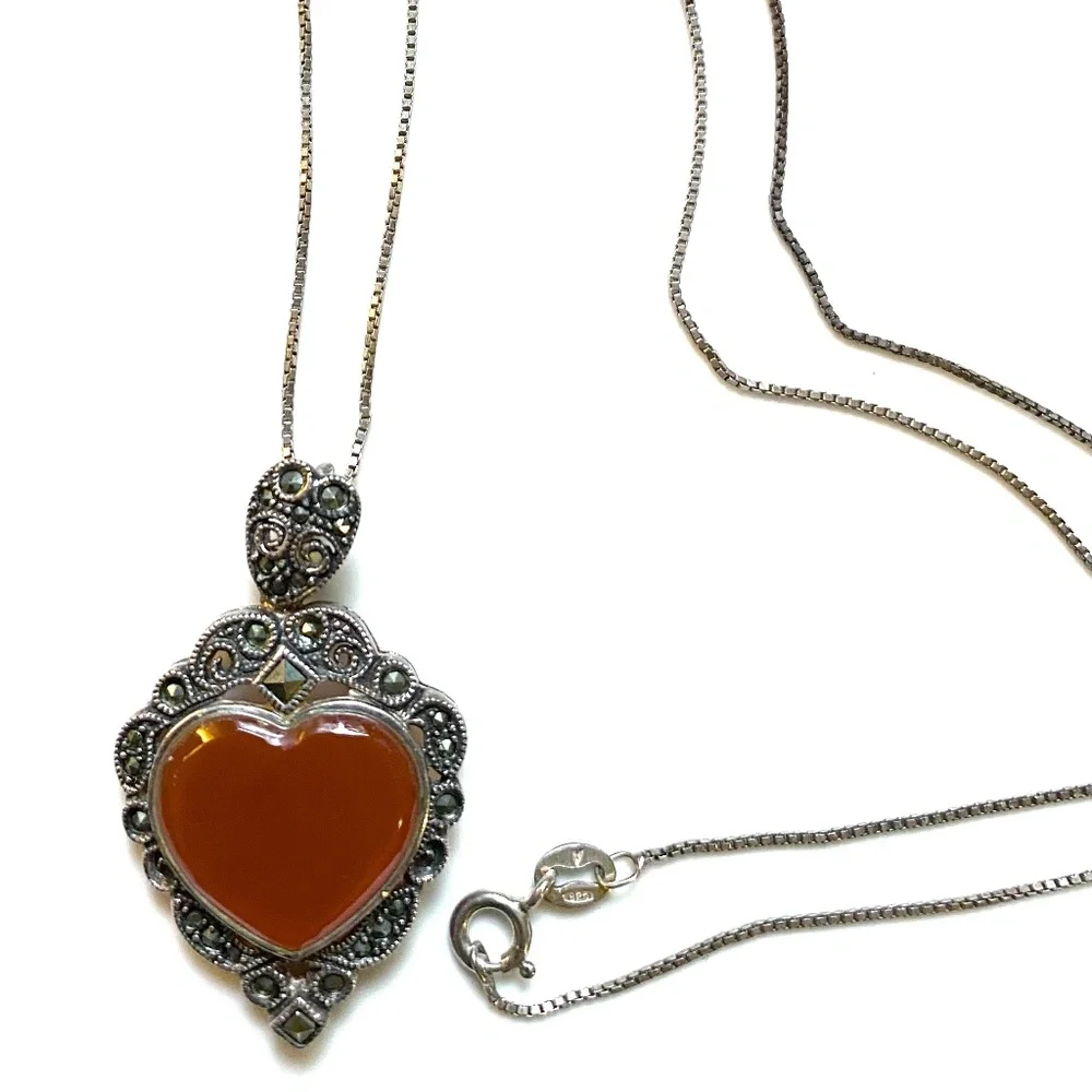 Sterling Silver & Marcasite Heart Shaped Necklace - Picture 7 of 7